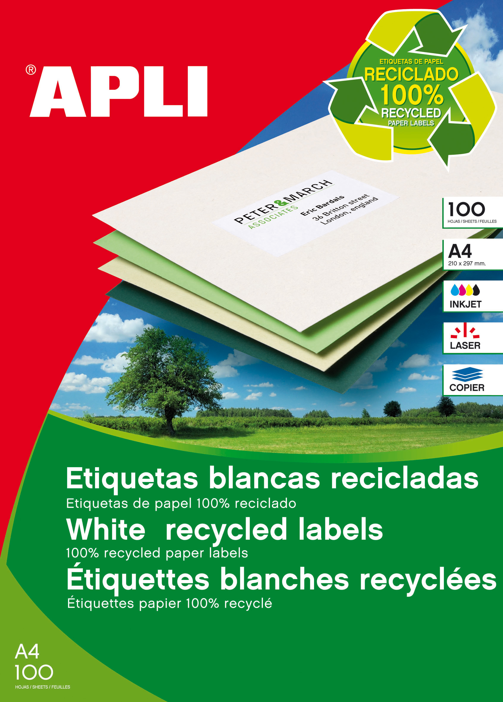 Apli Étiquettes Blanches Permanentes Recyclées 105.0 x 148.0mm 100 Feuilles