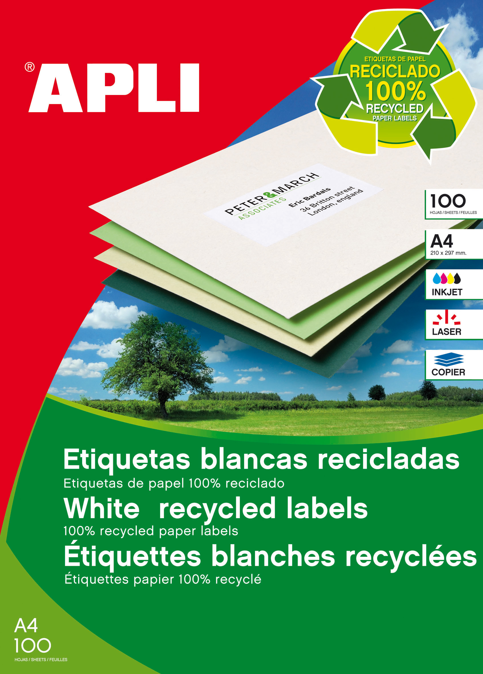 Apli Étiquettes Blanches Permanentes Recyclées 70.0 x 37.0mm 100 Feuilles