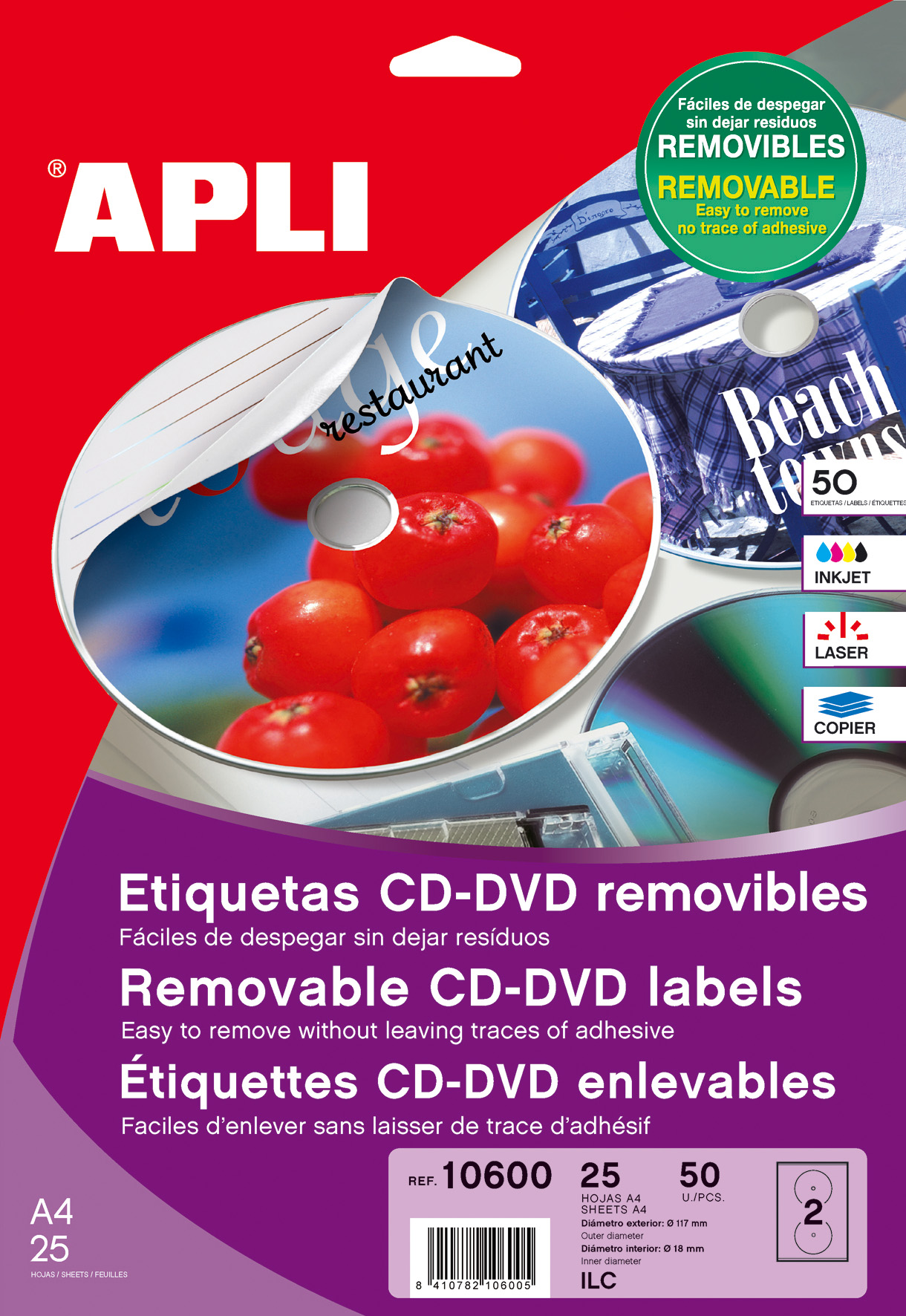 Apli Étiquettes CD/DVD Amovibles Mega Matte Taille 25 Feuilles I/L/C