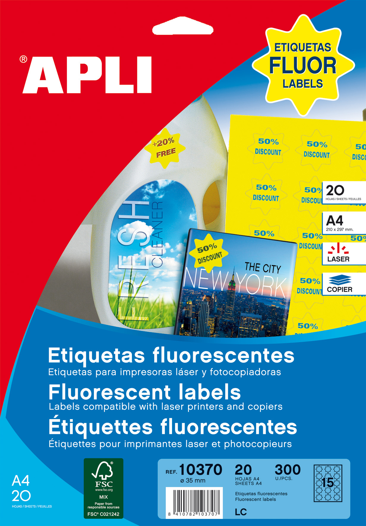 Apli Etiquettes Jaunes Fluorescentes Permanentes Etoile Ø 35mm 20 Feuilles