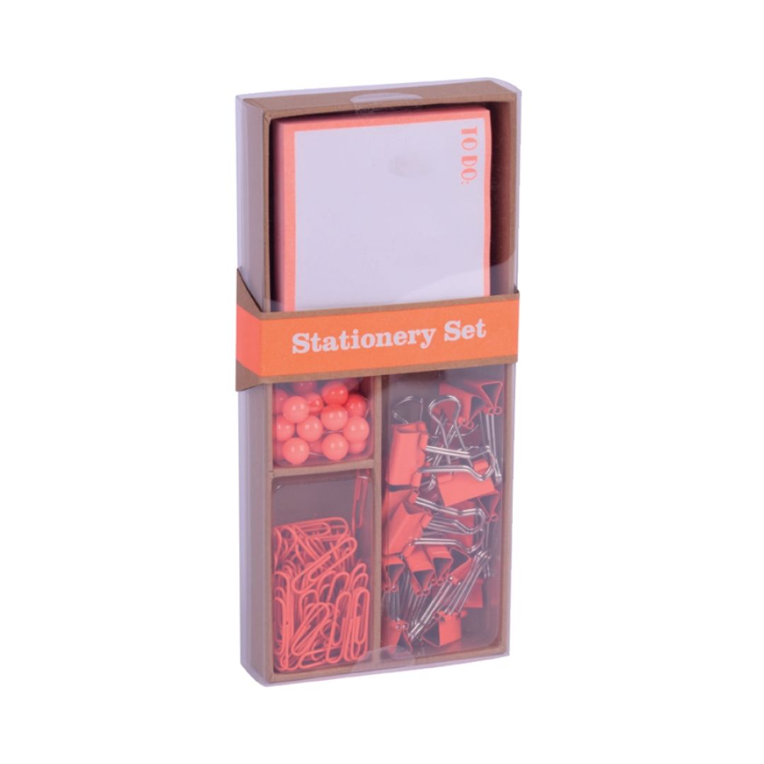 Apli Fluor Collection Office Set - 25 épingles, 80 pinces 28 mm, 20 pinces 19 mm et 100 feuilles de notes autocollantes en orange fluo - Design moderne et accrocheur - Produit repositionnable pour l'affichage 17684