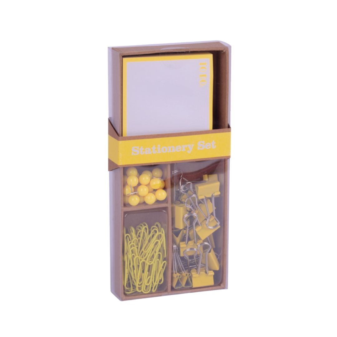 Apli Fluor Collection Office Set - 25 Pins, 80 Clips 28mm, 20 Clips 19mm et Notes Adhésives avec 100 Feuilles en Jaune Fluor - Design Moderne et Remarquable - Produit Repositionnable pour Présentoir 17684