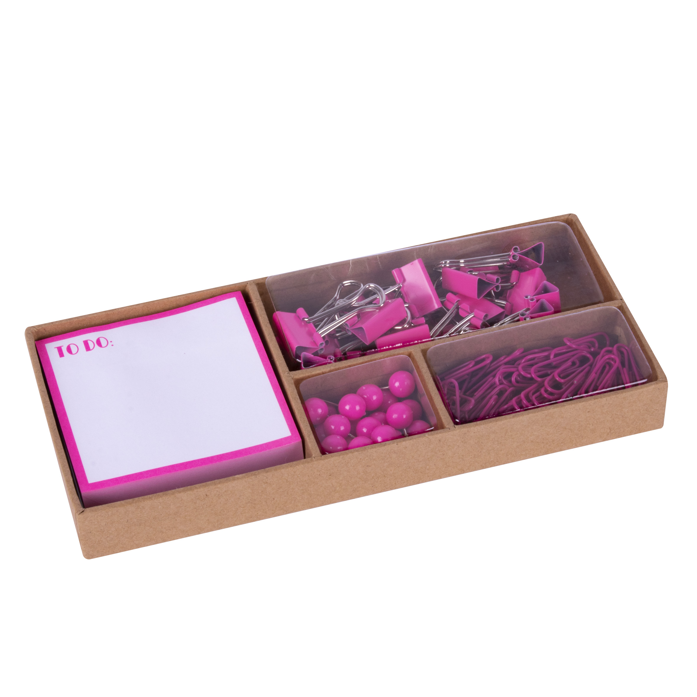 Apli Fluor Collection Pink Office Set - 25 Pins, 80 Clips de 28mm, 20 Clips de 19mm, Notes Autocollantes de 100 Feuilles en Rose Fluor - Design Moderne et Remarquable