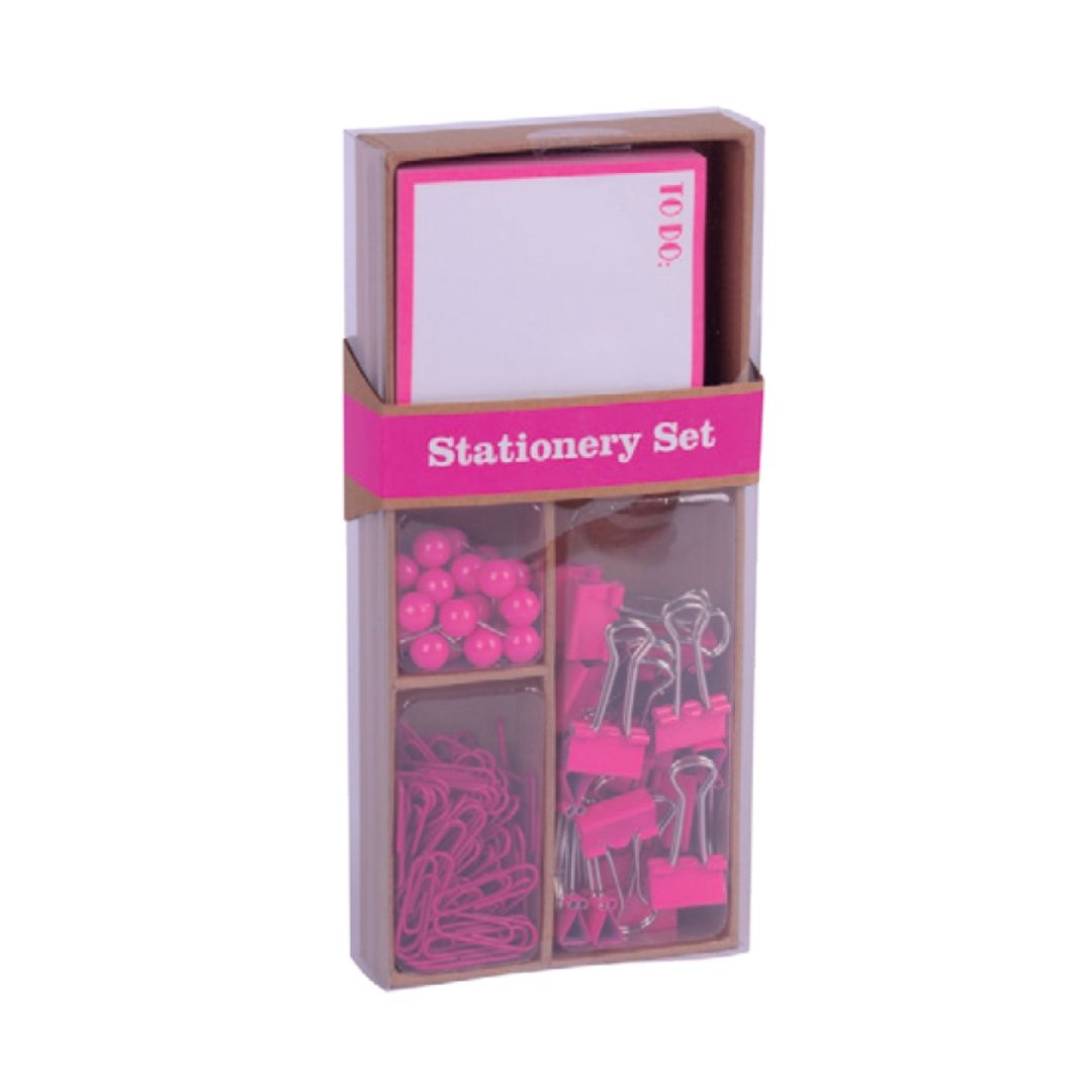 Apli Fluor Collection Pink Office Set - 25 Pins, 80 Clips de 28mm, 20 Clips de 19mm, Notes Autocollantes de 100 Feuilles en Rose Fluor - Design Moderne et Remarquable