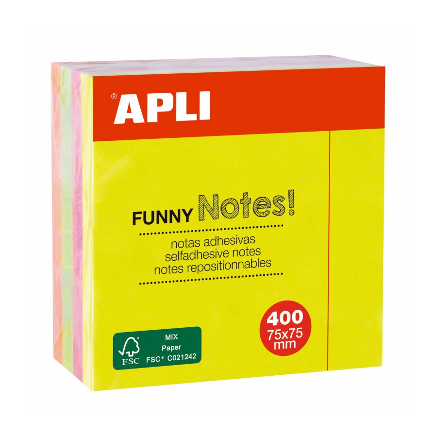 Apli Funny Cube de 400 Notes Autocollantes 75 x 75 mm - Couleurs Fluorescentes Assorties