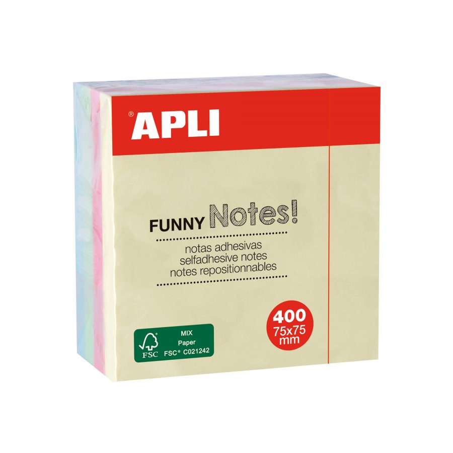 Apli Funny Cube de 400 Notes Autocollantes 75 x 75 mm - Couleurs Pastel Assorties