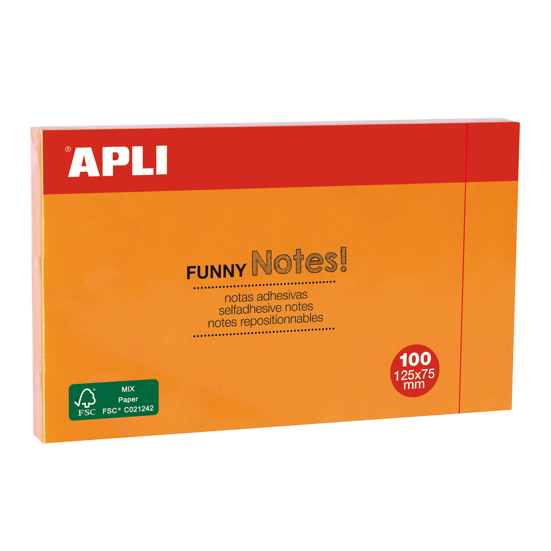 Apli Funny Sticky Notes 125x75mm - Bloc de 100 Feuilles - Adhésif de Qualité - Couleur Orange Fluo