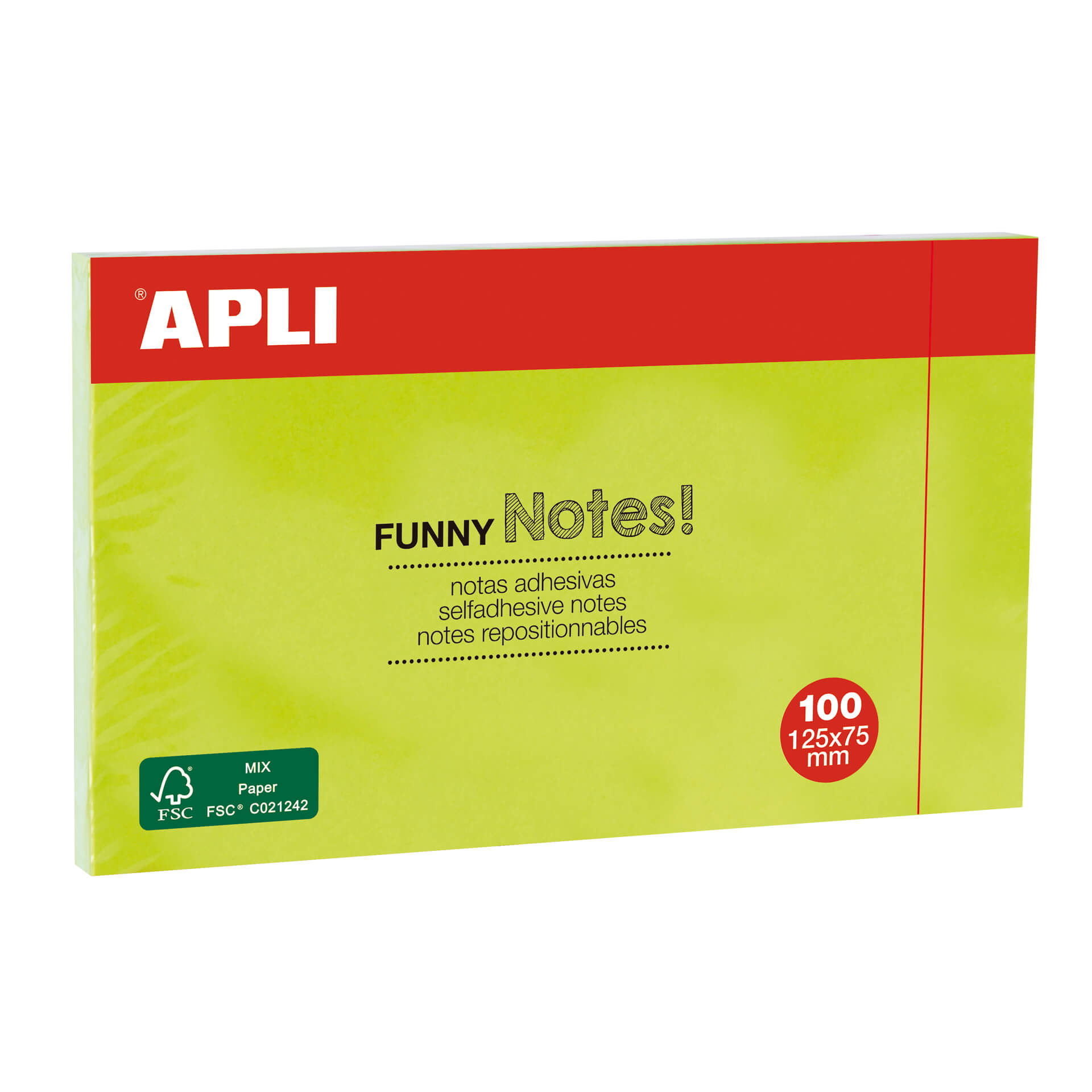 Apli Funny Sticky Notes 125x75mm - Bloc de 100 feuilles - Adhésif de qualité - Facile à décoller - Couleur vert fluo
