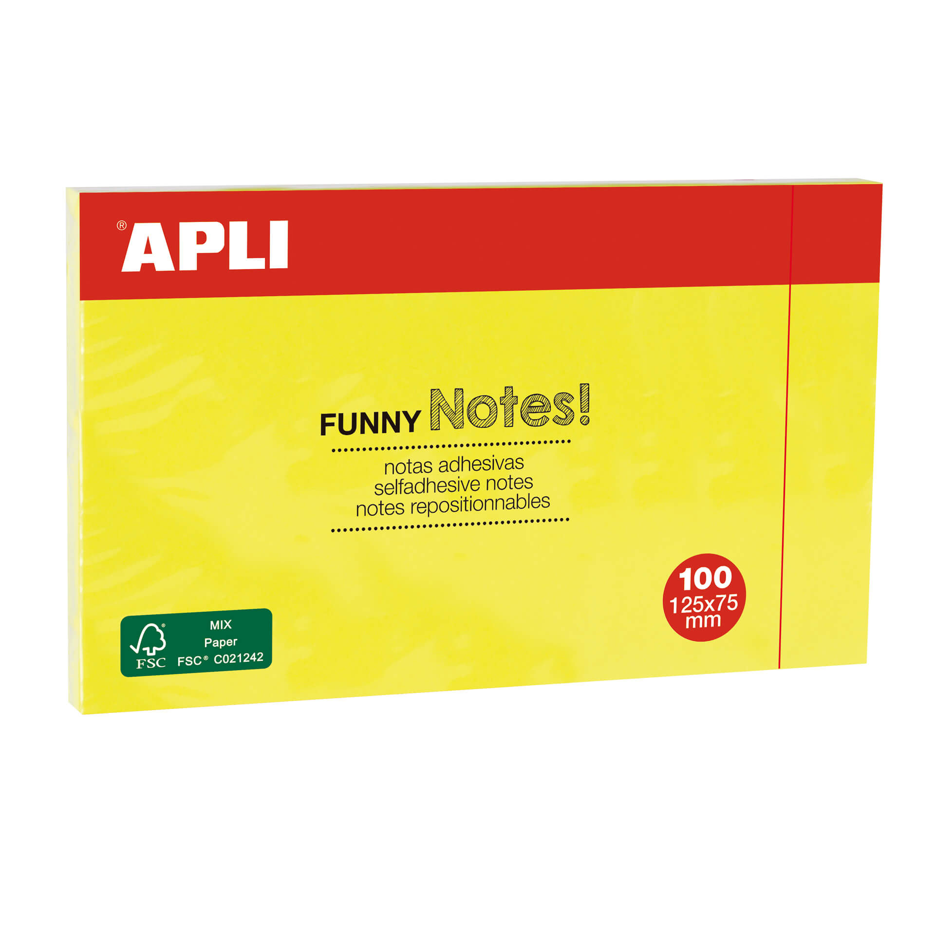 Apli Funny Sticky Notes 125x75mm - Bloc de 100 feuilles - Designs amusants - Adhésif de qualité - Jaune fluo