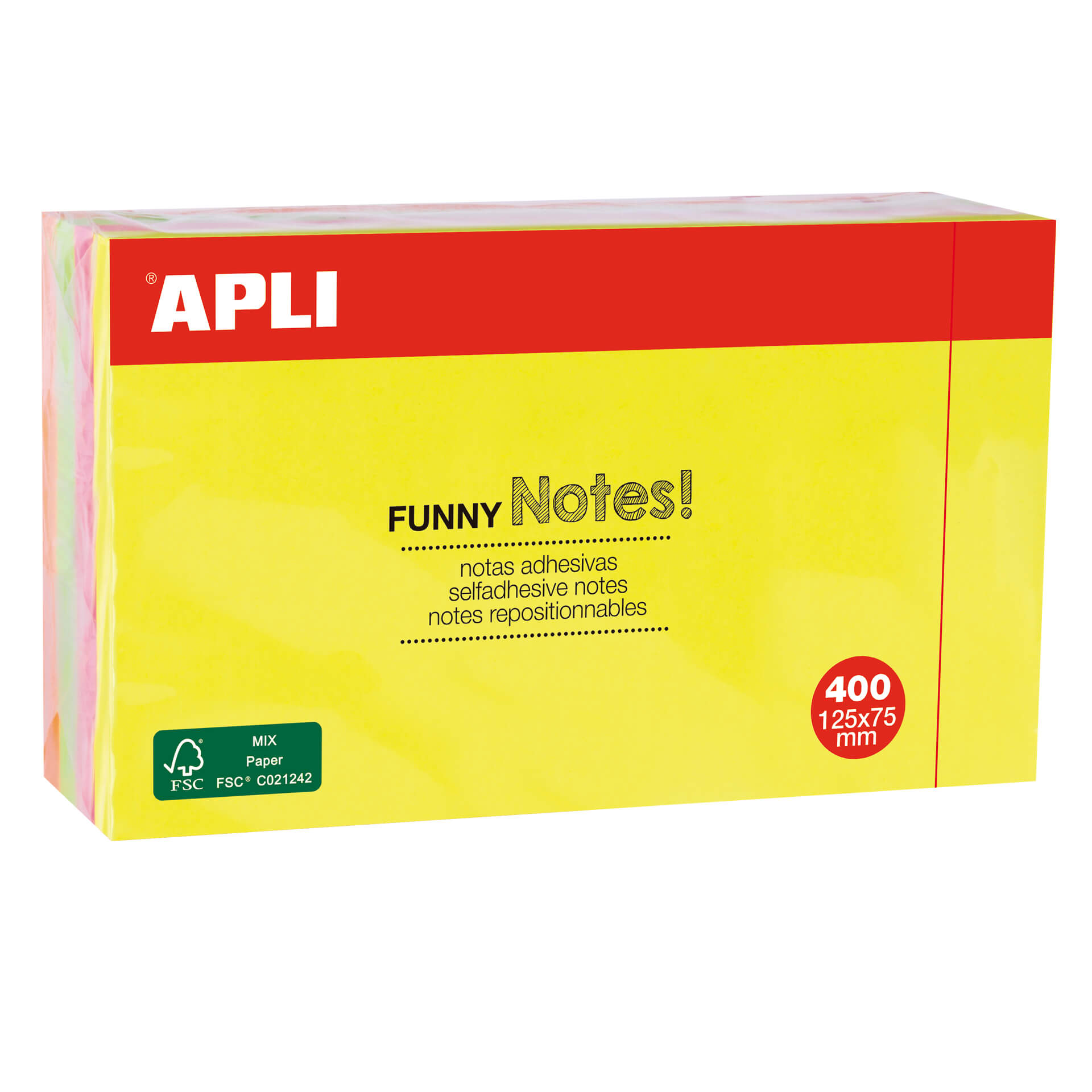 Apli Funny Sticky Notes 125x75mm - Bloc de 400 Feuilles - 4 Couleurs Assorties - Fluorescent