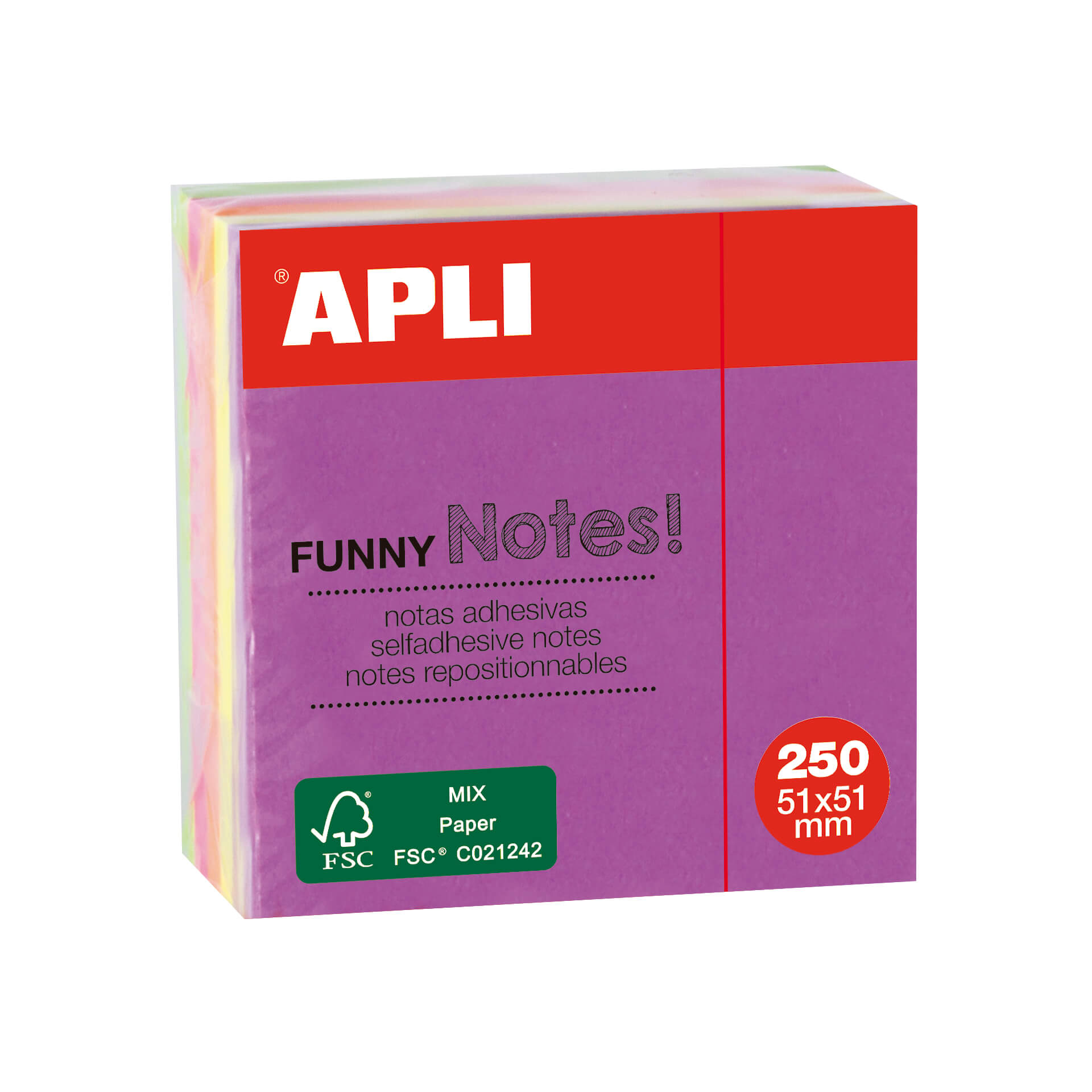 Apli Funny Sticky Notes 51x51mm Mini-Cube 250 Feuilles - 5 Couleurs Fluorescentes Assorties - Amusant et Pratique