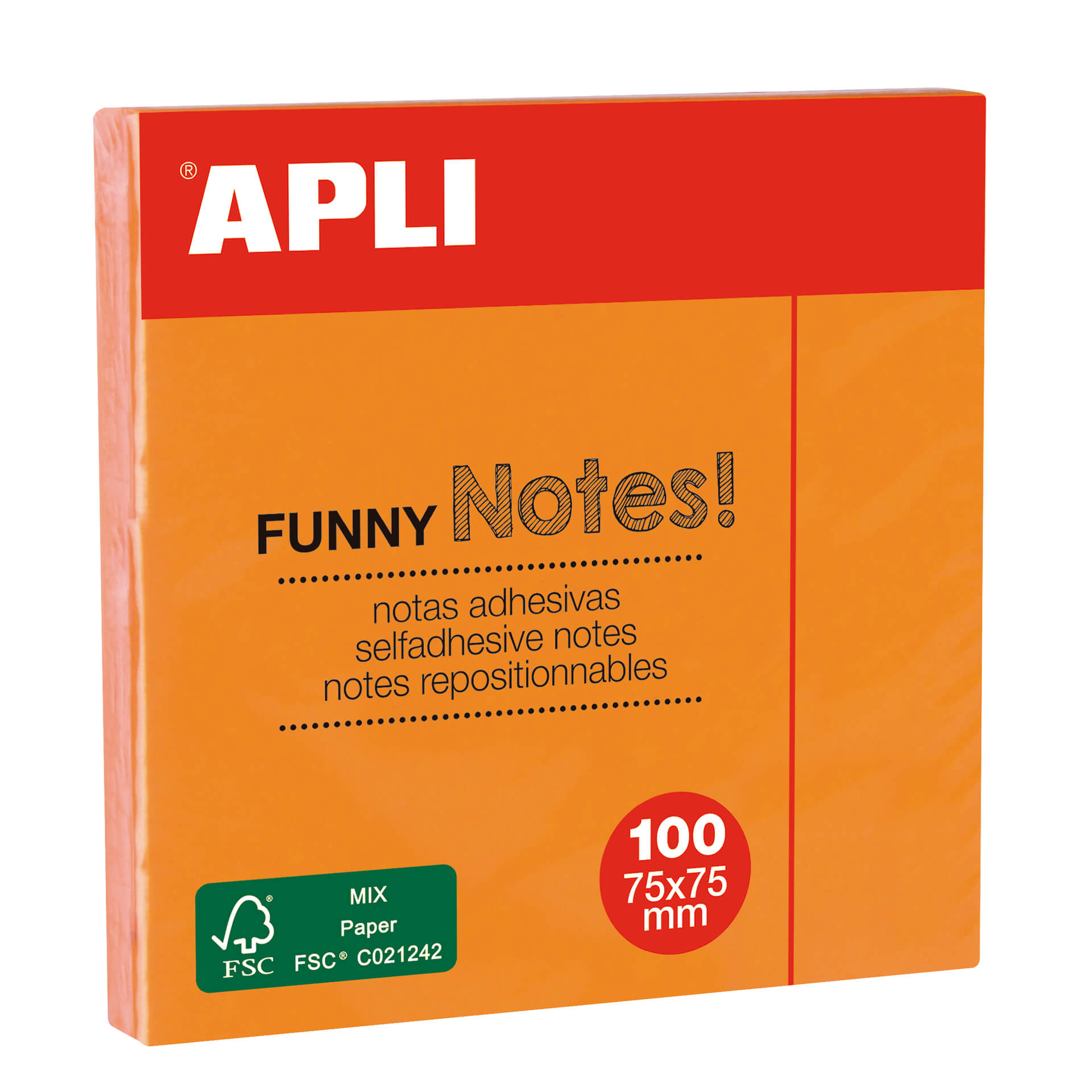 Apli Funny Sticky Notes Adhésives 75x75mm - Bloc de 100 Feuilles  - Orange Fluo