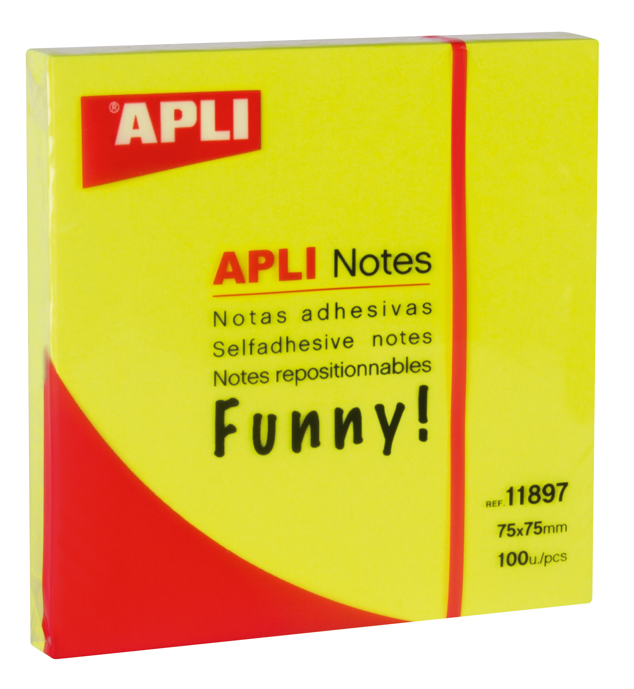 Apli Funny Sticky Notes 75x75mm - Bloc de 100 feuilles - Adhésif de qualité - Facile à décoller - Couleur jaune fluo