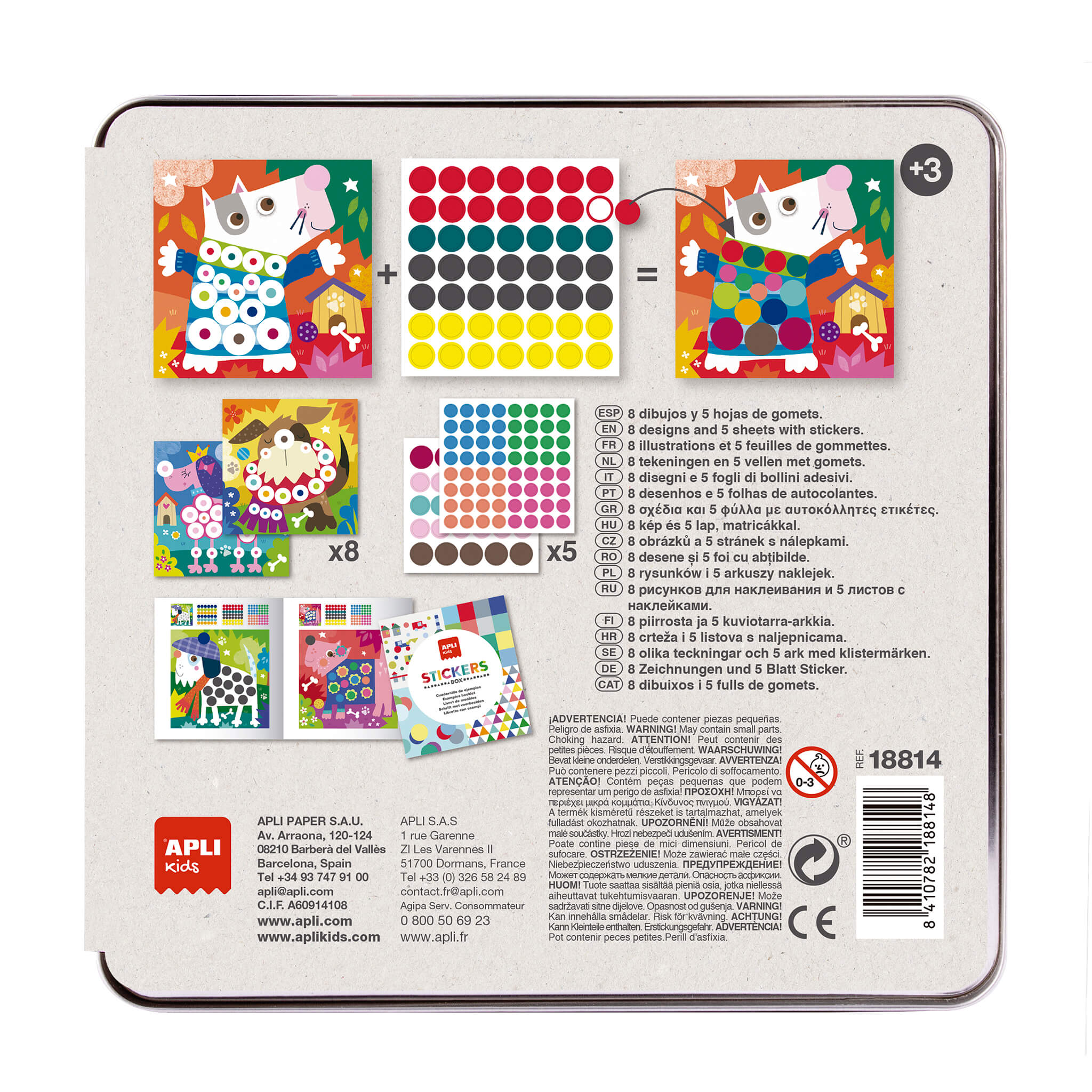 Apli Games of Dog Stickers in Metal Box - Comprend 8 planches illustrées et 8 planches de stickers amovibles - Haute valeur didactique - Coloré