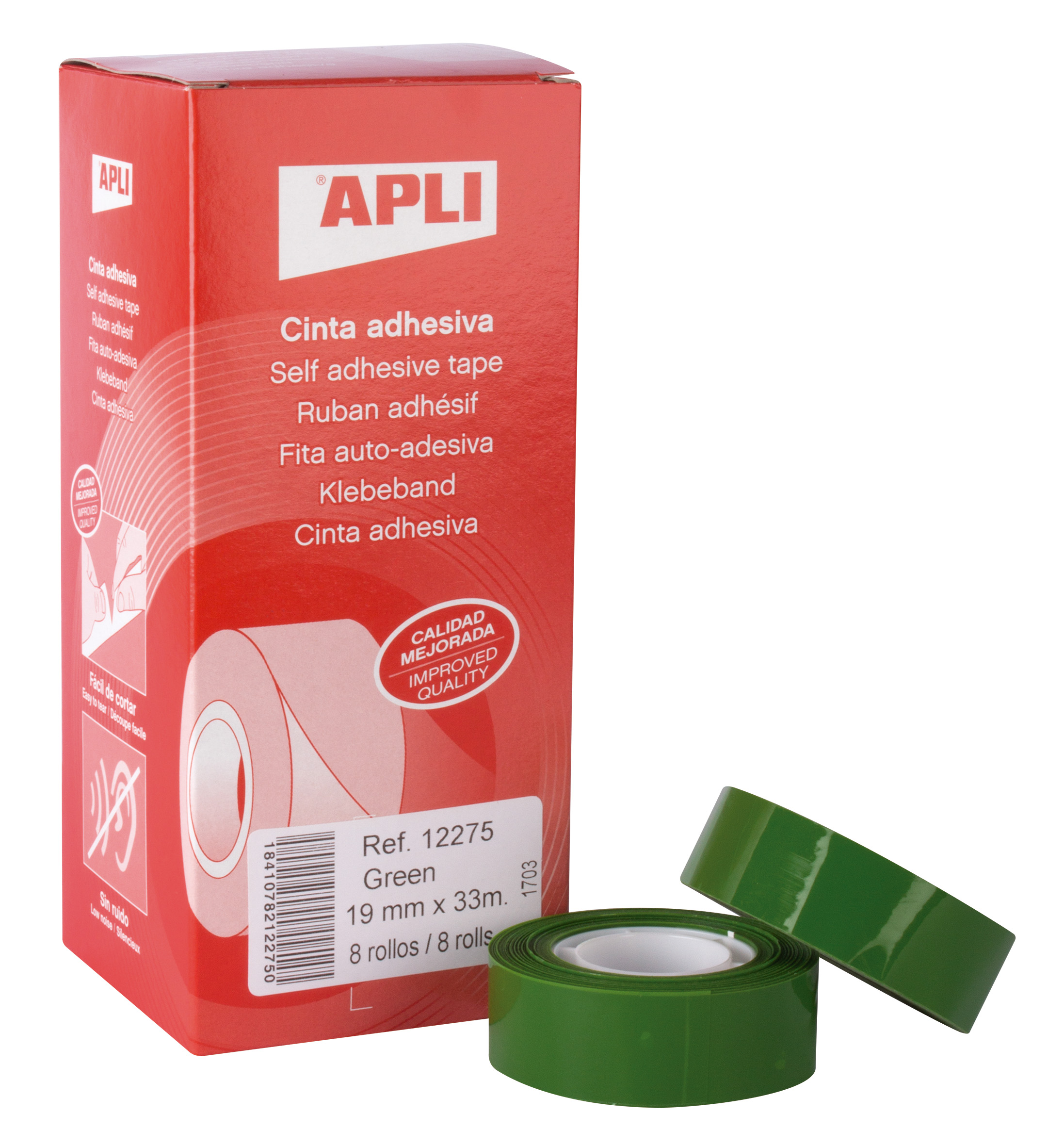 Apli Green Ruban adhésif 19 mm x 33 m - Résistant à la déchirure - Facile à couper - Adhésif vert de haute qualité