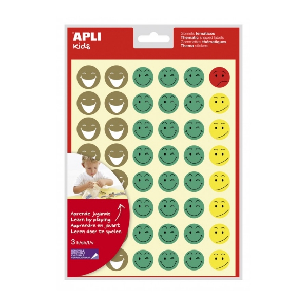 Apli Happy Face Gomets Bag - Adhésif amovible - 144 Gomets - 4 styles de visage - Favorise la motivation et l'expression - Haute qualité et sécurité