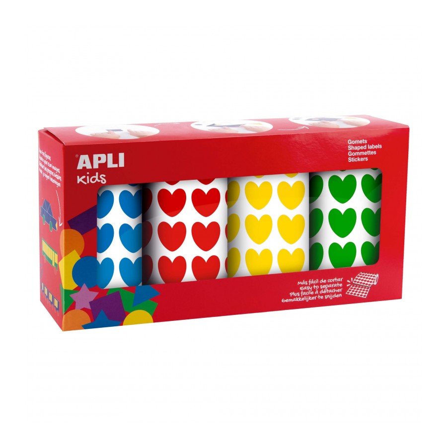 Apli Kids Lot de 4 rouleaux d'autocollants cœurs - 7 080 autocollants au total - Adhésif à base d'eau - Sans solvant - Matériaux 100 % recyclables - Couleurs rouge, jaune, bleu et vert