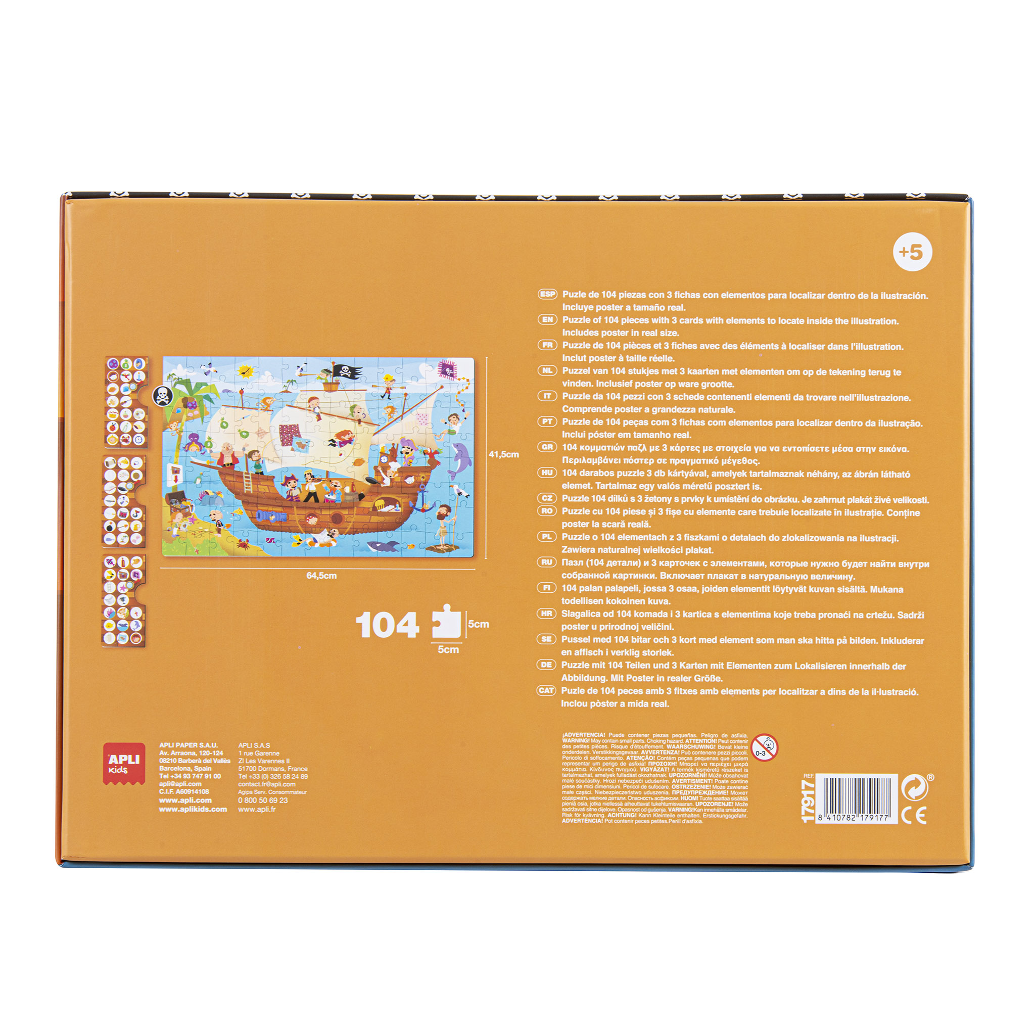 Apli Kids Puzzle d'Observation Bateau Pirate - 104 Pièces de 5x5 cm - Affiche Taille Réelle - Carreaux avec Objets - Design Enfantin et Coloré - Pièces Résistantes - Carton 2mm - Taille 64,5x41,5 cm - Coloré