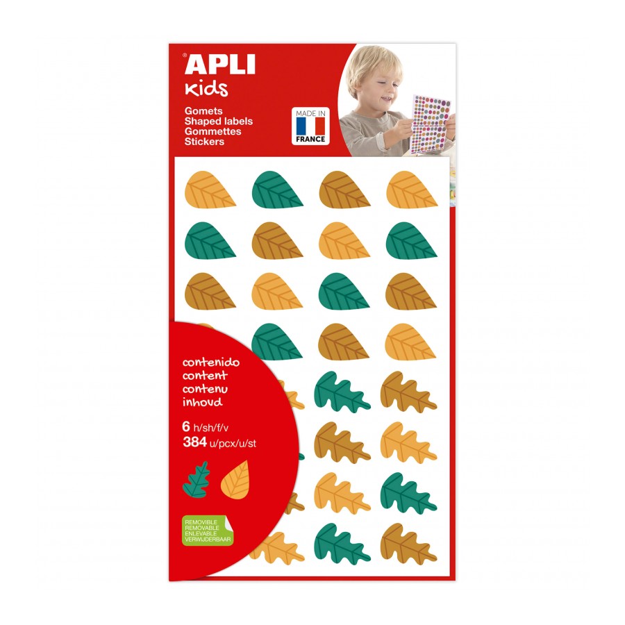 Apli Kids Sachet de 384 Stickers Feuilles d'Arbres - Adhésif Amovible - Formes et Couleurs Assorties