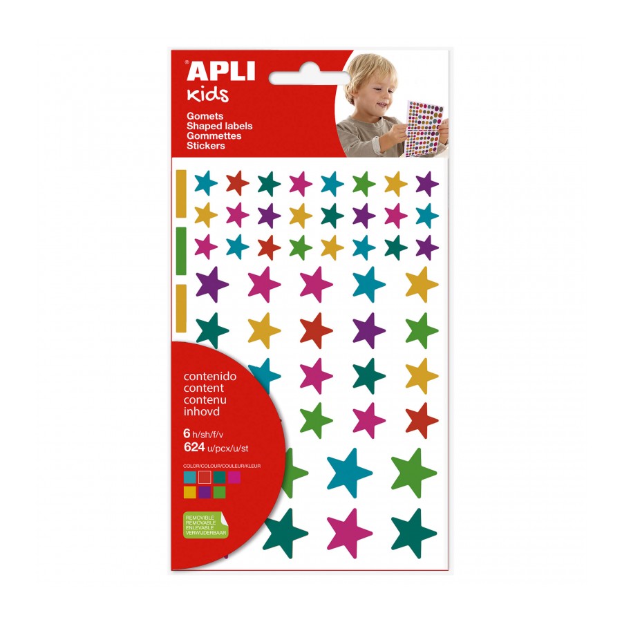 Apli Kids Sachet de 624 Stickers Étoiles - Adhésif Amovible - Couleurs et Tailles Assorties