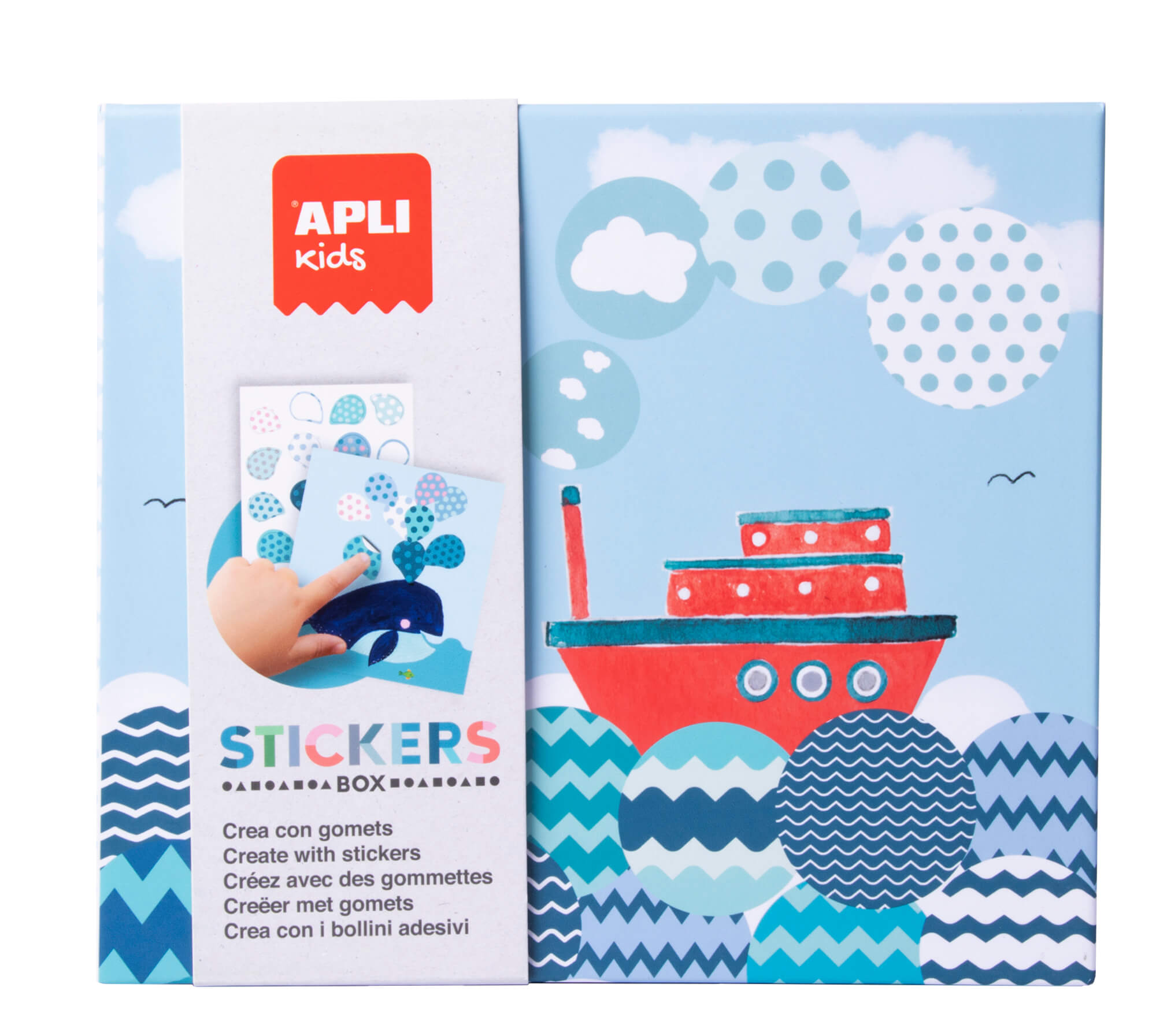 Apli Kids Set de Stickers Bateaux - 8 Feuilles Illustrées de 200G - 8 Feuilles de Stickers Géométriques Amovibles - Guide avec Exemples - Haute Valeur Pédagogique - Boîte Carton au Design Exclusif