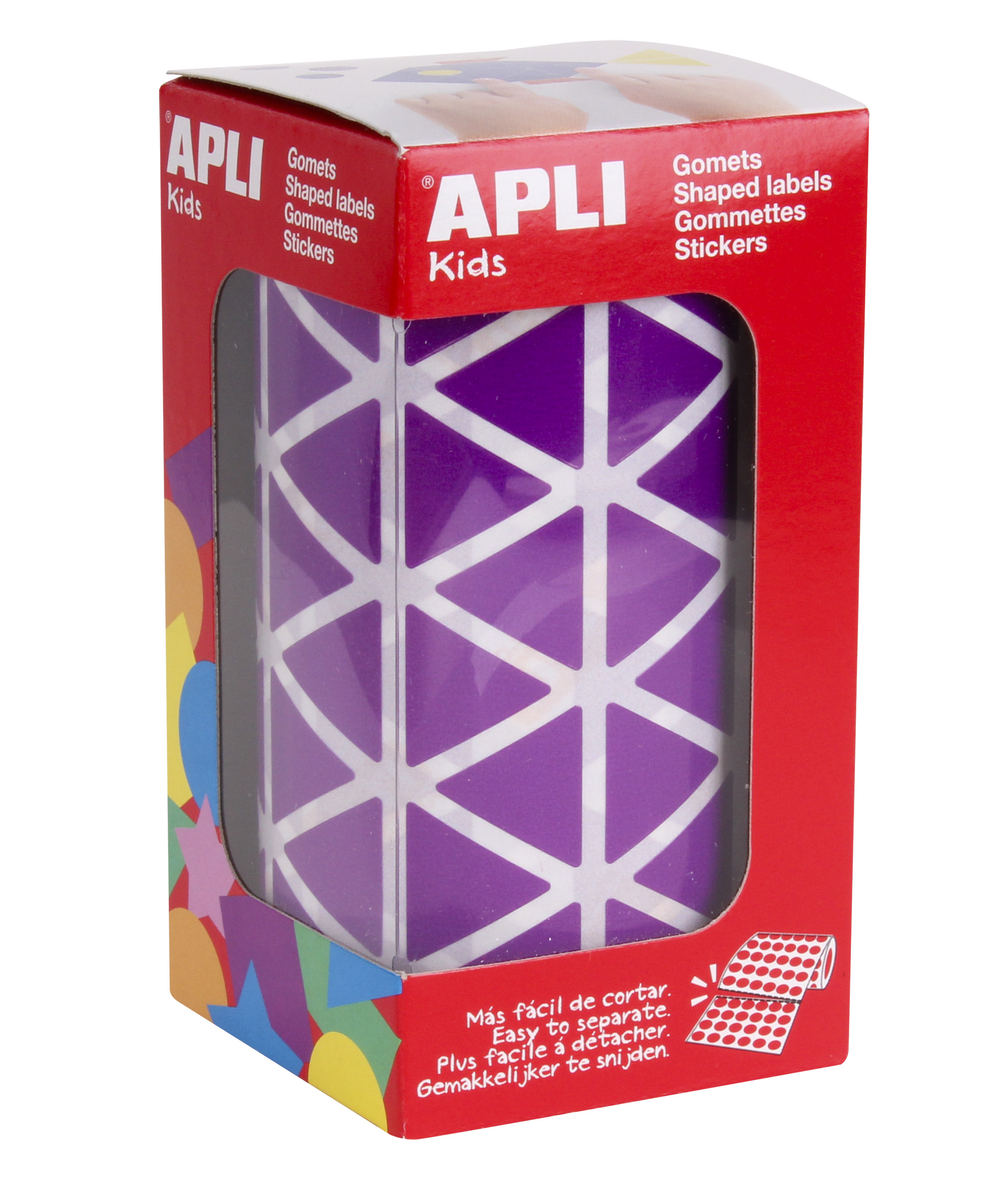 Apli Lilas Autocollants Triangulaires 20x20x20mm - 59 Feuilles Prédécoupées - 2832 Autocollants par Rouleau - Idéal pour les Ecoles et Ateliers Enfants - Développe les Compétences et Capacités - Conforme aux Normes EN-71 et FSC