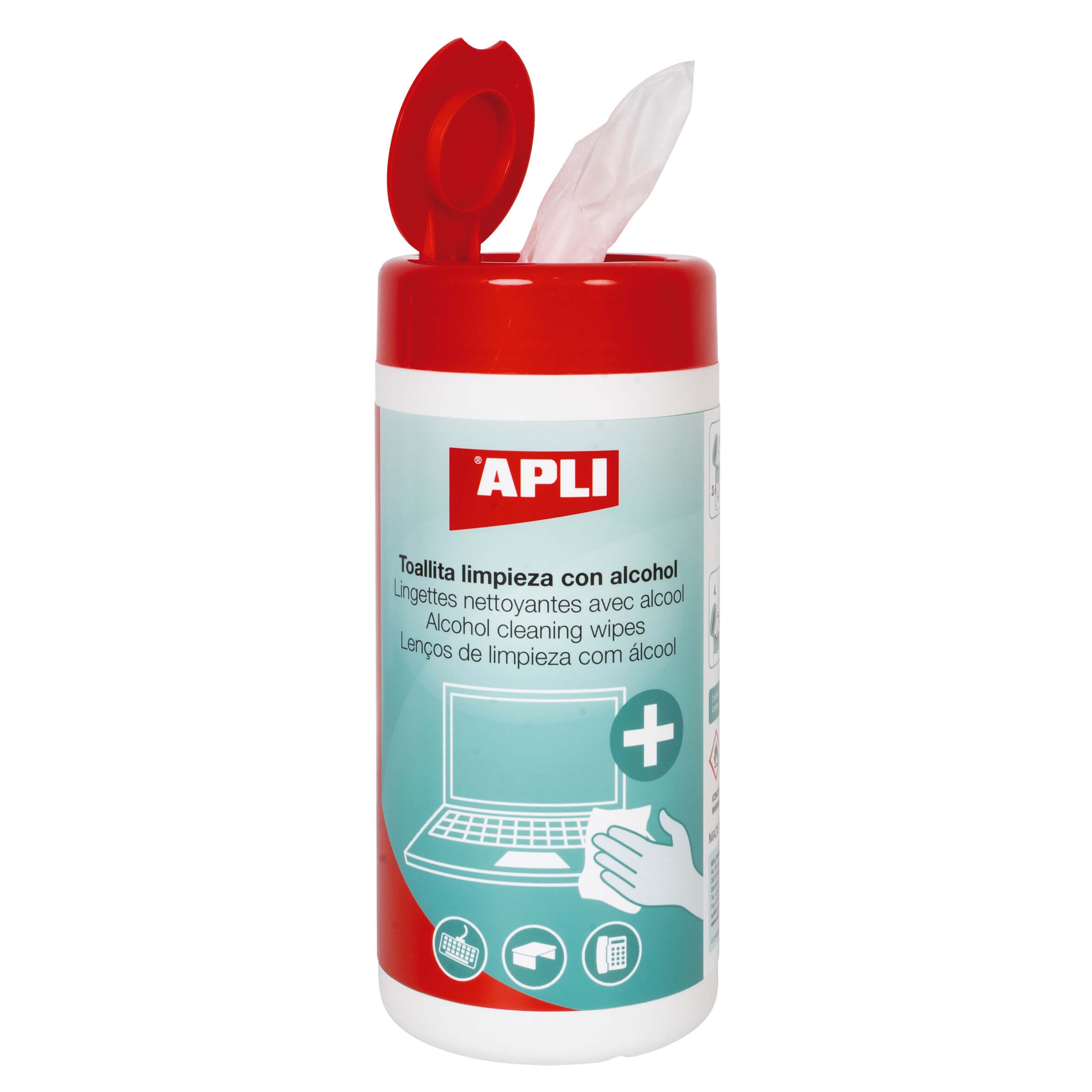 Apli Lingettes Désinfectantes Hydroalcooliques - 220x110mm - 70% Ethanol - 100 Unités avec Distributeur - Réglementation Antivirale