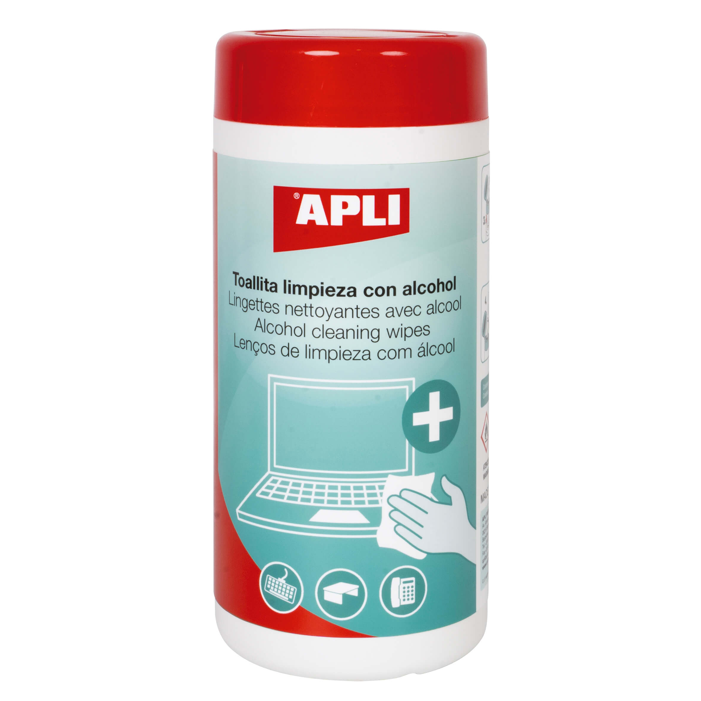 Apli Lingettes Désinfectantes Hydroalcooliques - 220x110mm - 70% Ethanol - 100 Unités avec Distributeur - Réglementation Antivirale