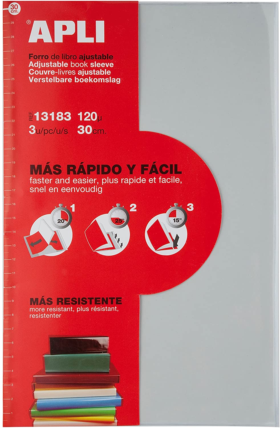 Apli Lot de 3 Protèges Livres à Rabat Ajustable 290 mm - PVC - Couverture en 3 Étapes