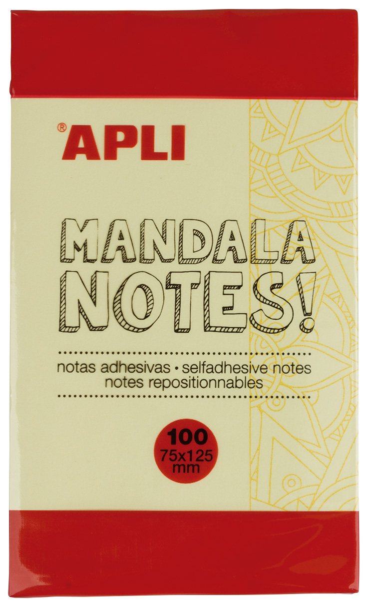 Apli Mandala Sticky Notes 125x75mm - 100 Feuilles - Mandala Design - Adhésif de Qualité - Jaune