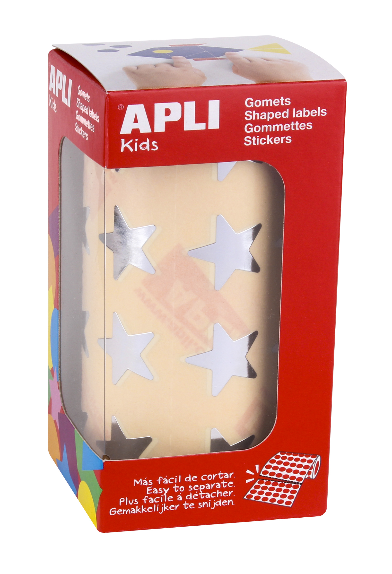 Apli Metallic Silver Star Gomets - Taille 19,5 mm - 1416 Gomets par rouleau - Adhésif à base d'eau - Normes EN-71 et FSC