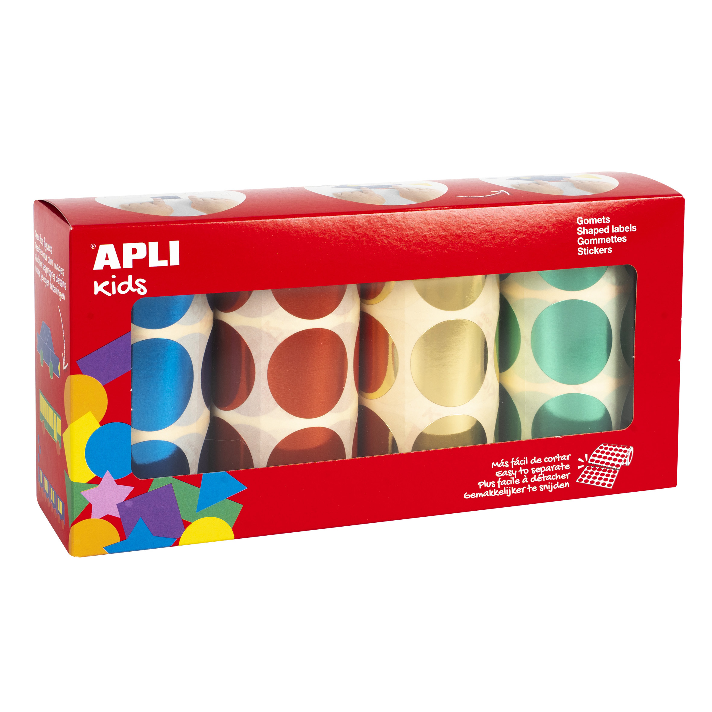 Apli Métalliques Autocollants Ronds Ø 33mm - Pack de 4 Rouleaux (Jaune, Bleu, Rouge et Vert) - 2256 Autocollants au Total - Feuilles Prédécoupées pour une Séparation Facile