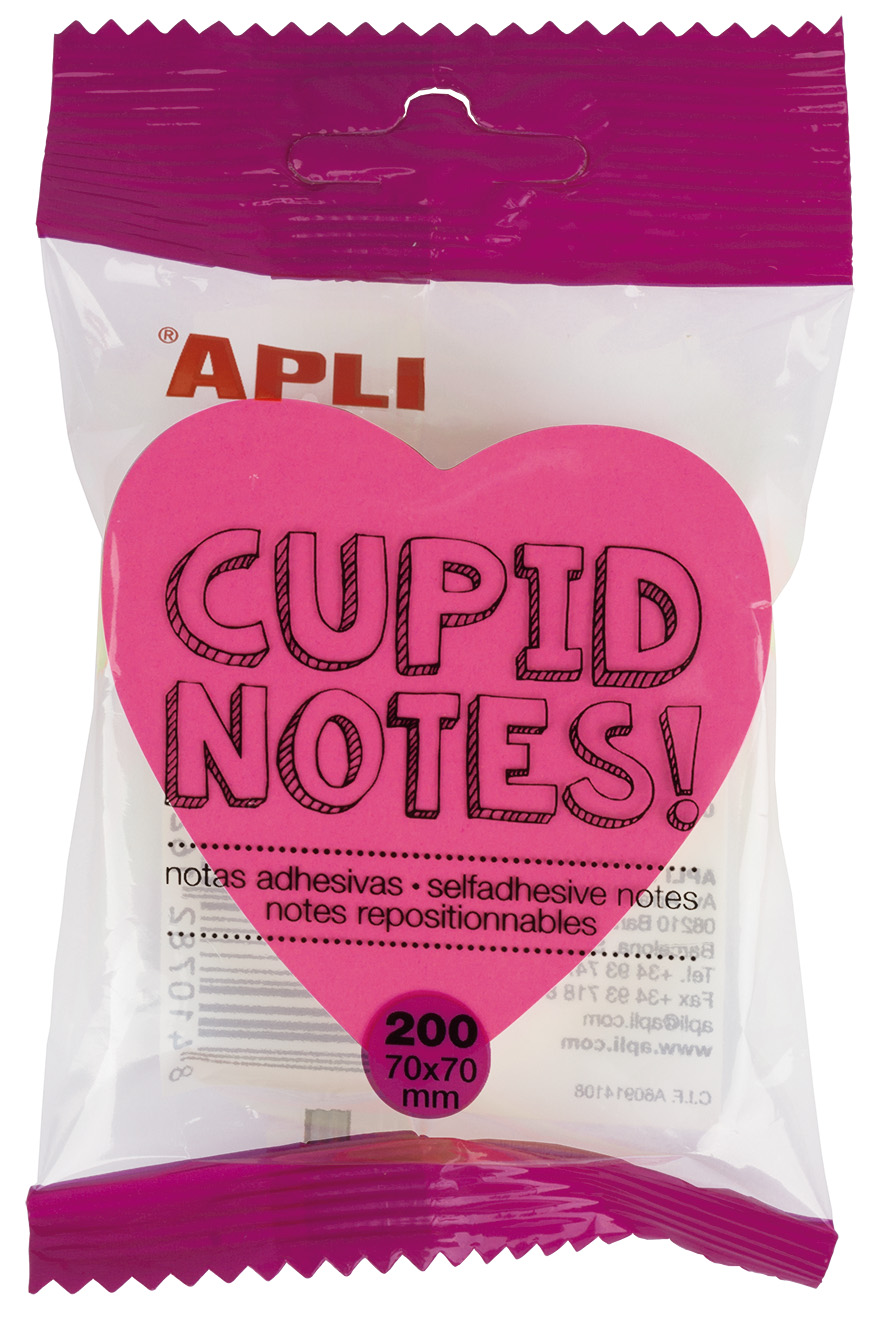 Apli Notes Adhésives Coeur 70x70mm - Bloc 200 Feuilles - 4 Couleurs Assorties - Fluo