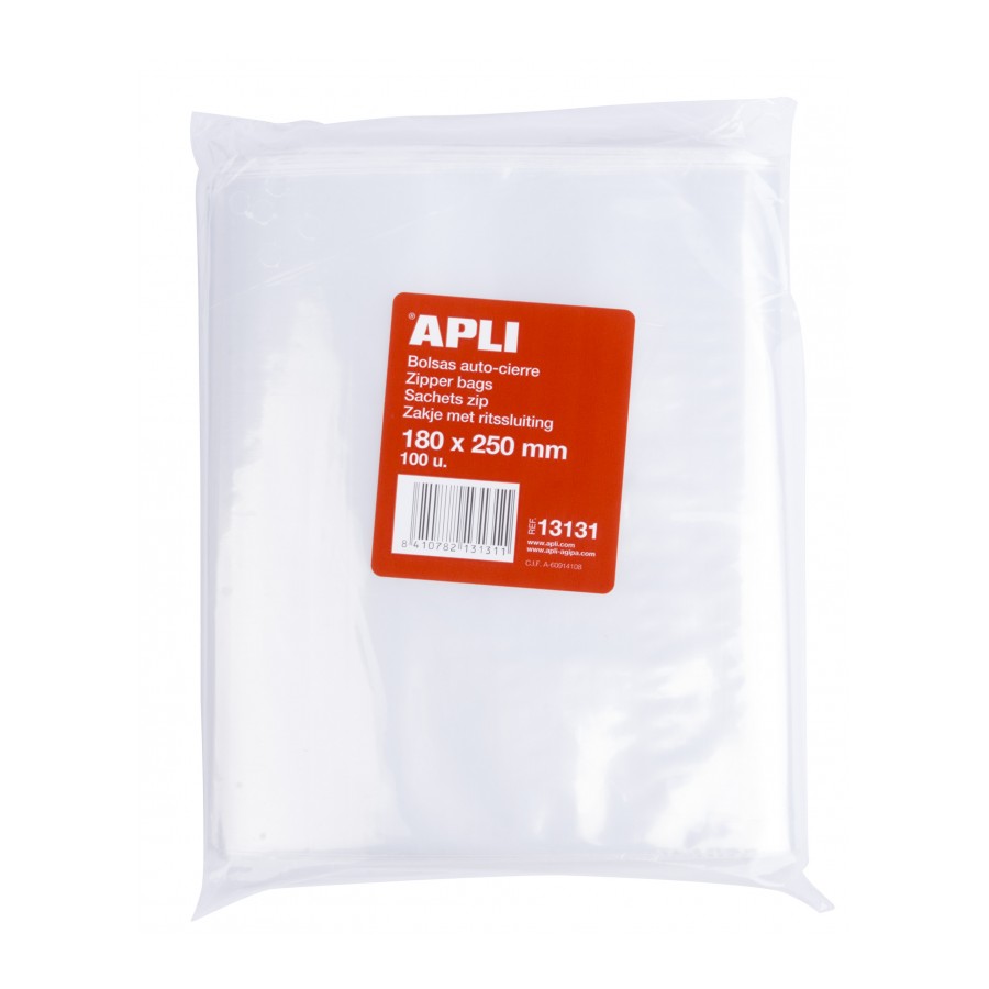 Apli Pack de 100 Sachets Auto-Scellants 180 x 250 mm - Fermeture Sécurisée - Adapté à l'Alimentation