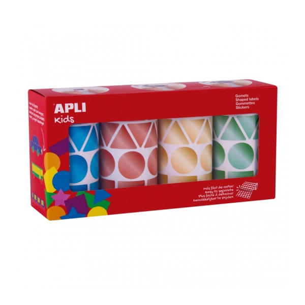 Apli Pack de 4 Rouleaux de Gomets Métalliques Géométriques Assortis - 4 324 Gomets - Faciles à Séparer - Idéal pour les Crèches - Haute Qualité et Sécurité - Couleurs Assorties