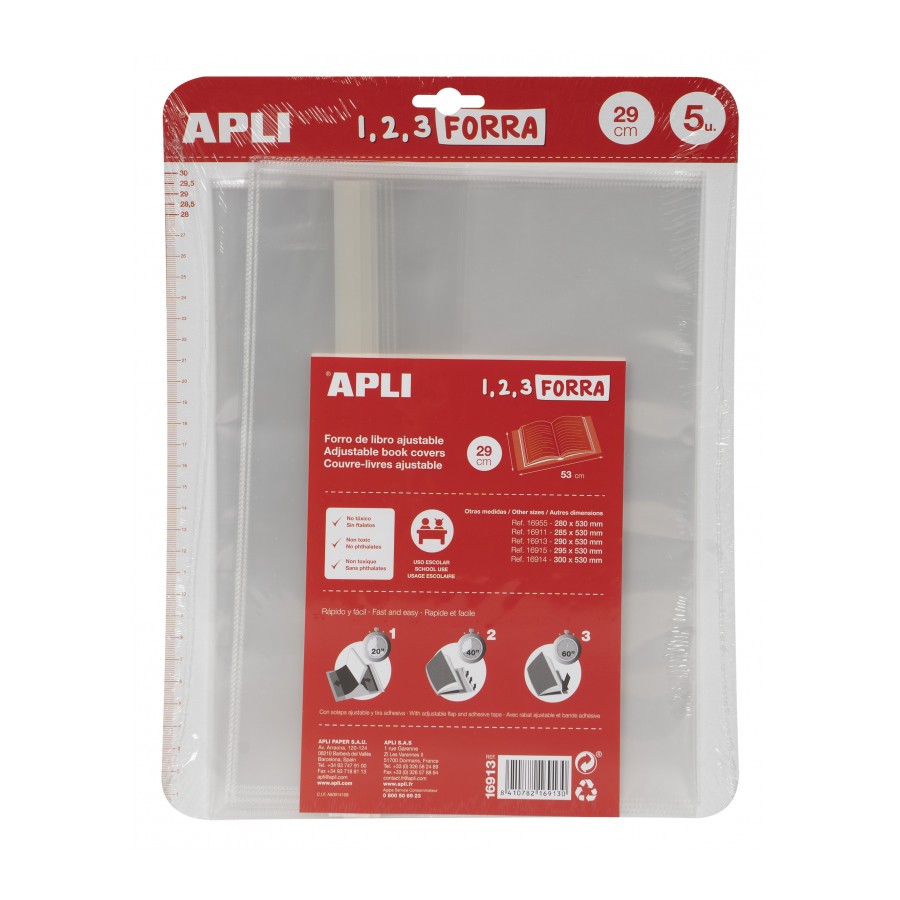 Apli Pack de 5 Protèges Livres à Rabat Ajustable 290mm - PP - Couverture en 3 Etapes