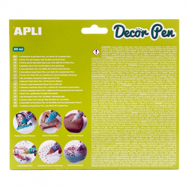 Apli Pack de 6 Marqueurs Gel Fluor 3D - Idéal pour Décorer le Plastique, le Bois, le Papier, le Verre, la Céramique et le Textile - Personnalisation Facile et Spectaculaire