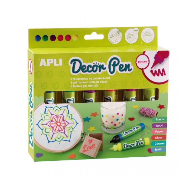 Apli Pack de 6 Marqueurs Gel Fluor 3D - Idéal pour Décorer le Plastique, le Bois, le Papier, le Verre, la Céramique et le Textile - Personnalisation Facile et Spectaculaire