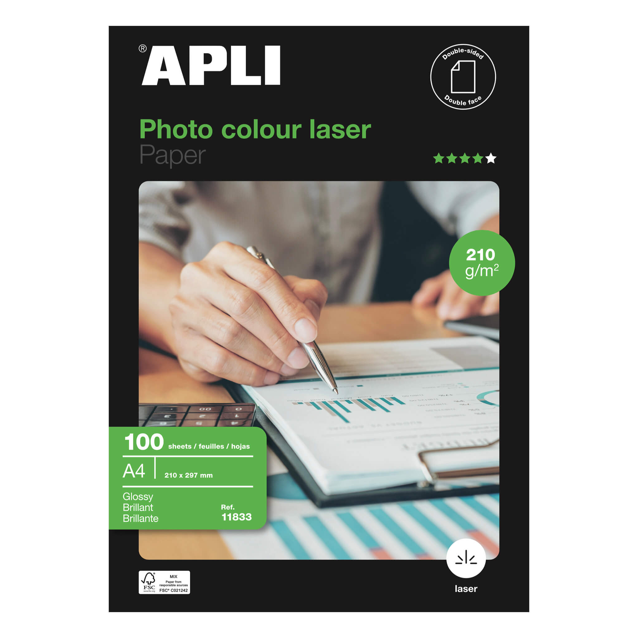 Apli Papier Photo Couleur Laser A4 210g 100 Feuilles