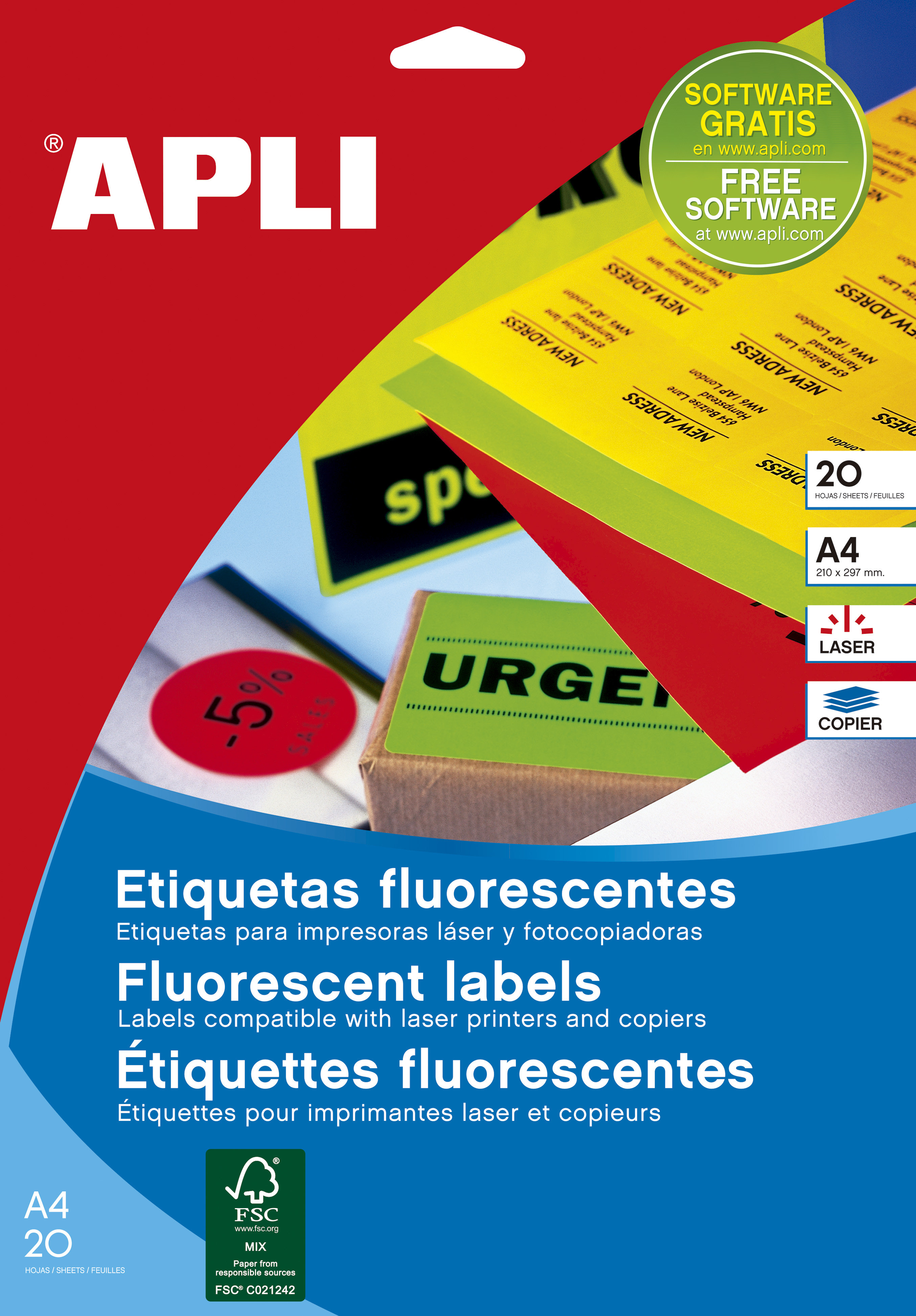 Apli Permanent Fluorescent Yellow Labels 210,0 x 297,0 mm 100 Feuilles