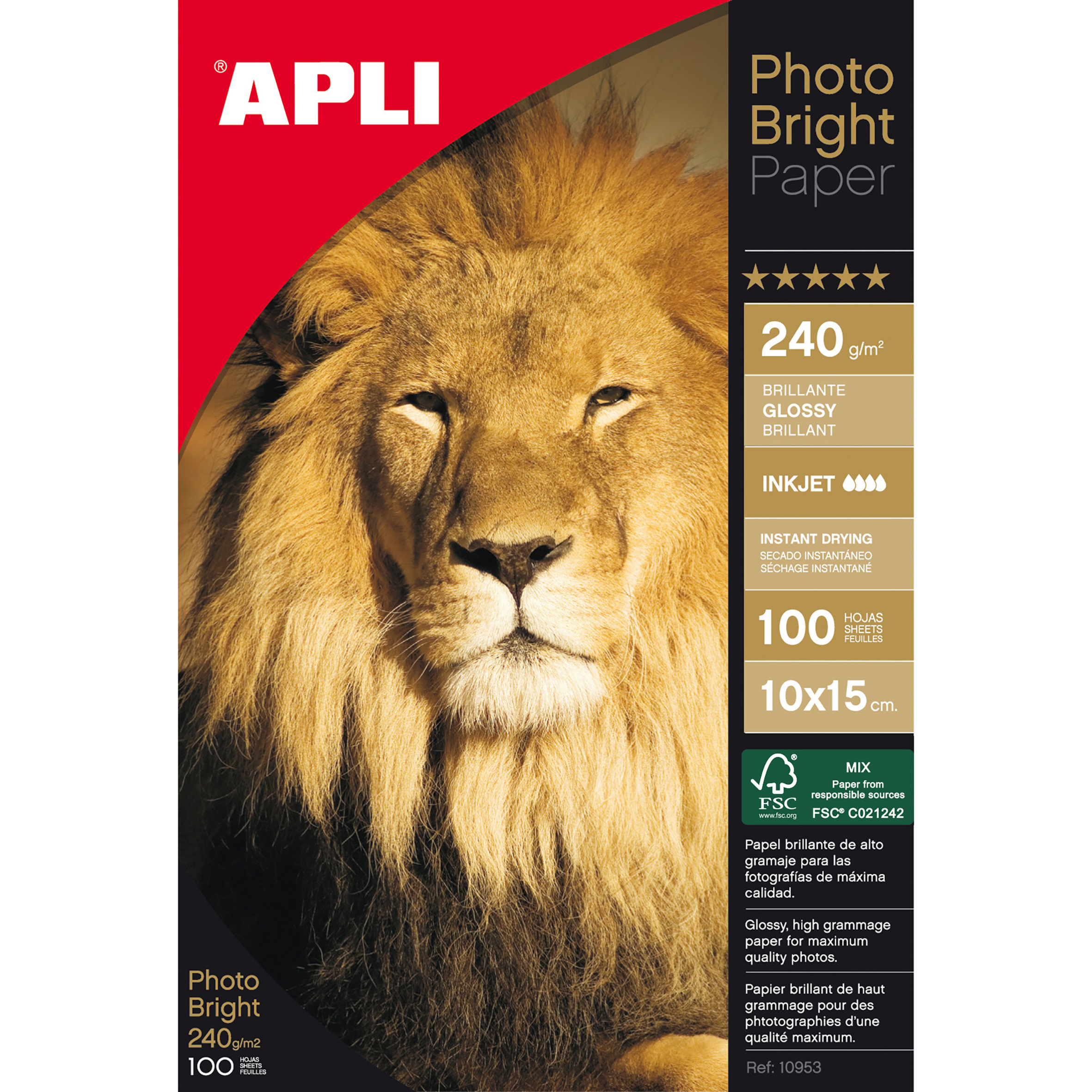 Apli Photobright Papier Photographique 10 x 15 cm 240g 100 Feuilles