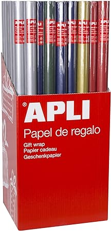 Apli Présentoir de 55 Rouleaux de Papier Cadeau Kraft - 11 Rouleaux par Couleur - Dimensions du Rouleau 0,70x2m - Couleurs Bleu Foncé, Vert Foncé, Rouge, Or et Argent