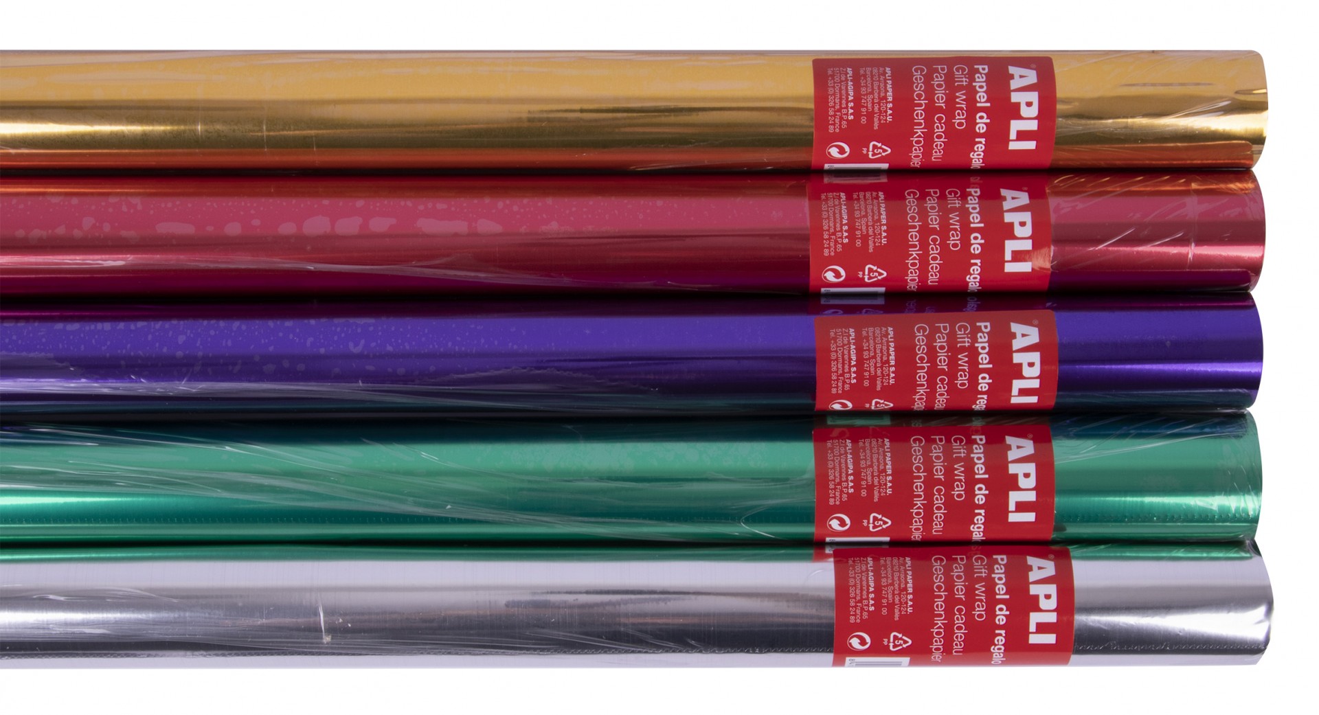 Apli Présentoir de 55 Rouleaux de Papier Cadeau Métallisé - 11 Rouleaux par Couleur - Dimensions du Rouleau 0,70x2m - Couleurs Lilas, Or, Argent, Rouge, Vert
