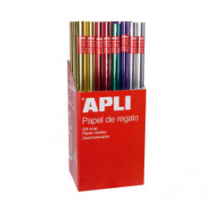 Apli Présentoir de 55 Rouleaux de Papier Cadeau Métallisé - 11 Rouleaux par Couleur - Dimensions du Rouleau 0,70x2m - Couleurs Lilas, Or, Argent, Rouge, Vert