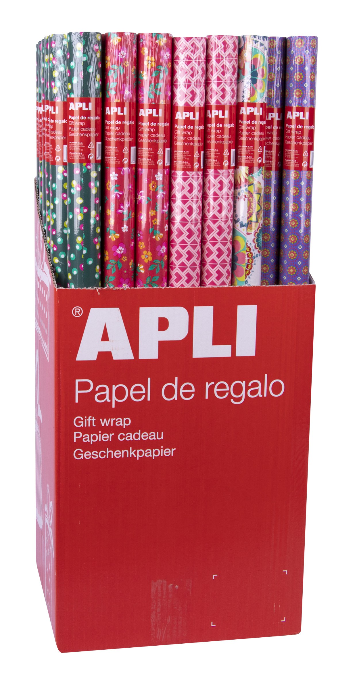 Apli Présentoir de 55 Rouleaux de Papier Cadeau Tendance - 11 Rouleaux par Couleur - Dimensions Rouleau 0,70x2m - 5 Dessins