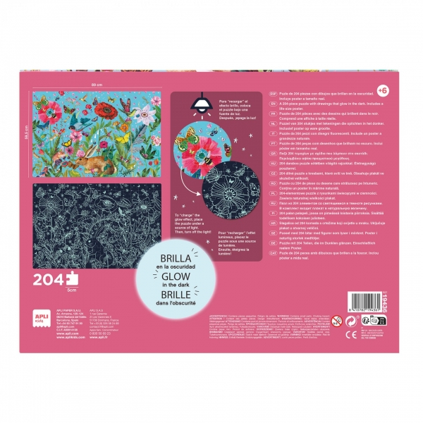 Apli Puzzle Fleurs fluorescentes qui brillent dans le noir - 204 pièces - Changements de position et motifs cachés - Poster de montage - Pièces résistantes et sûres - Améliore les compétences et les capacités