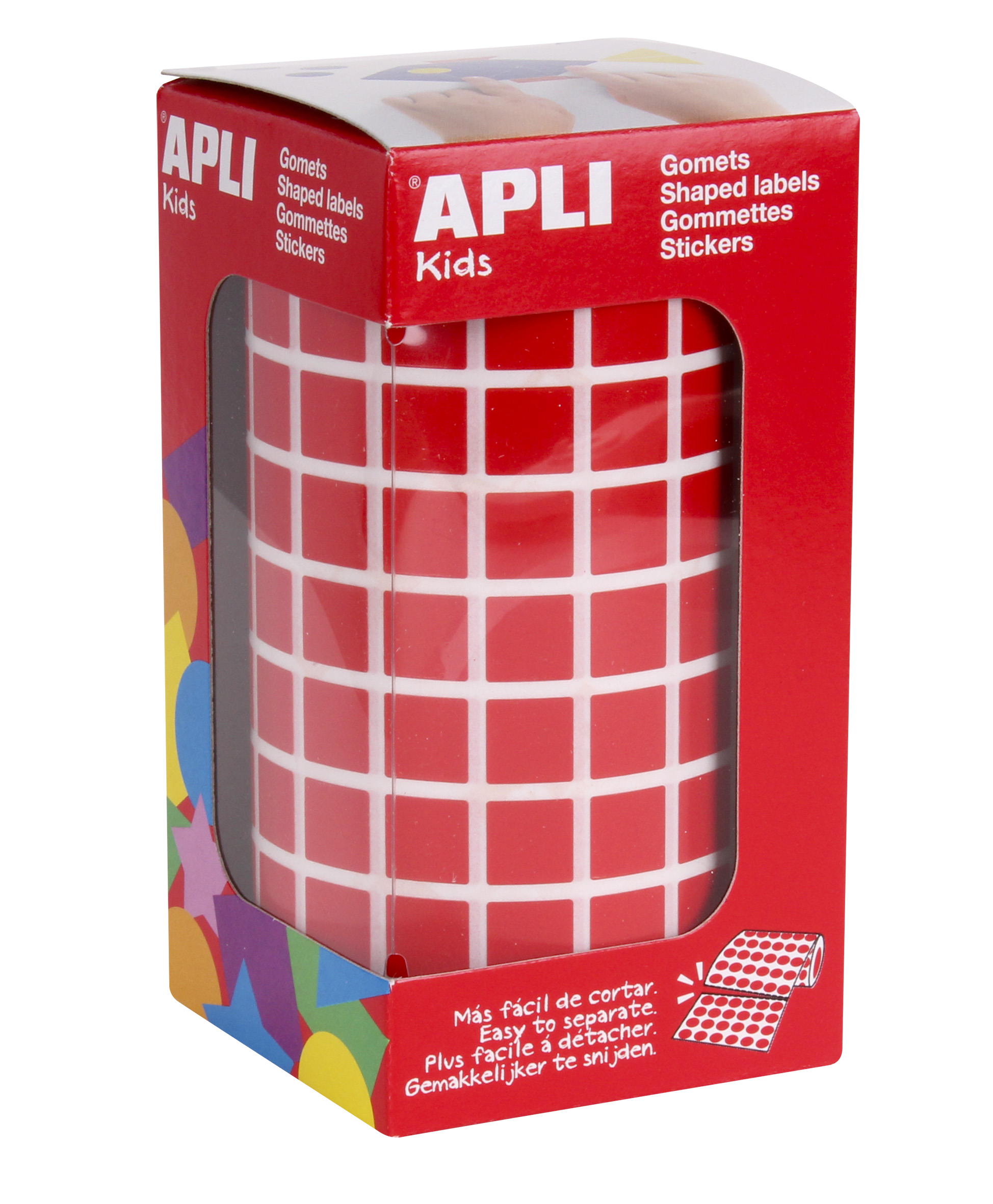 Apli Red Square Stickers - Taille 10x10mm - 59 Feuilles Prédécoupées - 6372 Autocollants par Rouleau - Adhésif à Base d'Eau - Conforme aux Normes EN-71 et FSC