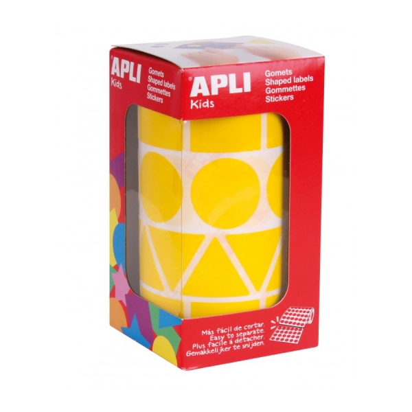Apli Rouleau de Gomets de Formes Assorties - Adhésif Permanent - 1 357 Gomets - Favorise la Psychomotricité et la Créativité - Adhésif à Base d'Eau - Couleur Jaune