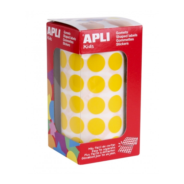 Apli Rouleau de Gomets Ronds Adhésifs Permanents - 2 832 Gomets - Favorise la Psychomotricité - Adhésif à Base d'Eau - Couleur Jaune