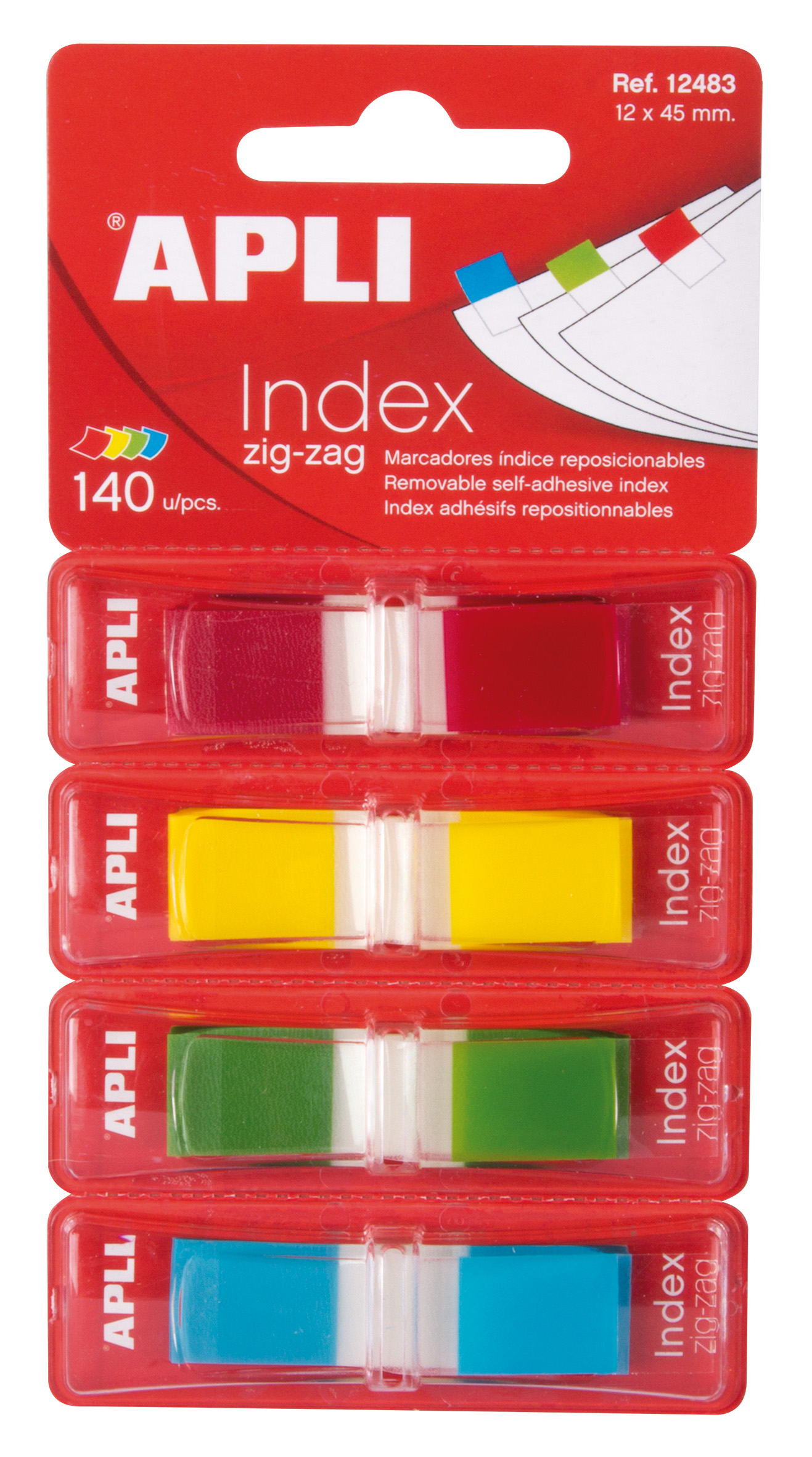 Apli Zigzag Film Index Adhésifs 45x12mm 4 Distributeurs de 35 Index de 4 Couleurs - Facile à Appliquer - Adhésif de Qualité - Design Zigzag - Organisez Vos Documents - Multicolore